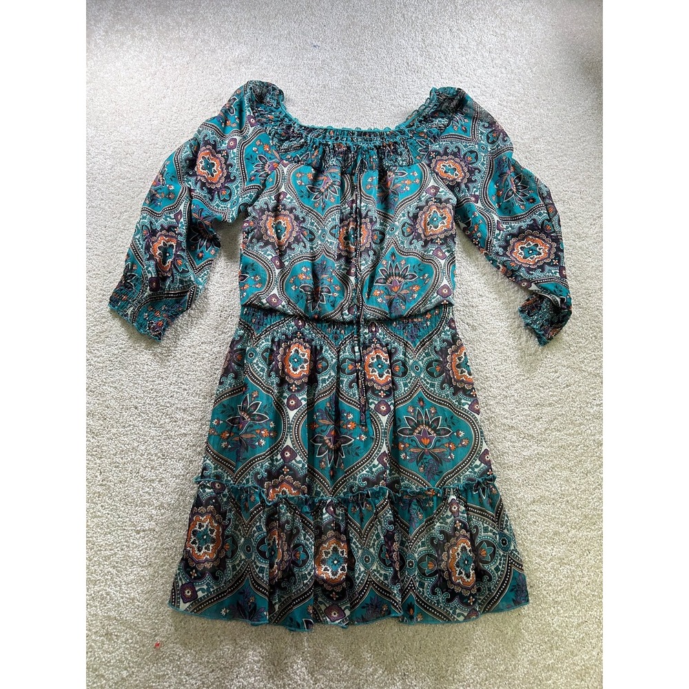 Xhilaration Women's‎ Small Teal Floral Print Off Shoulder Dress